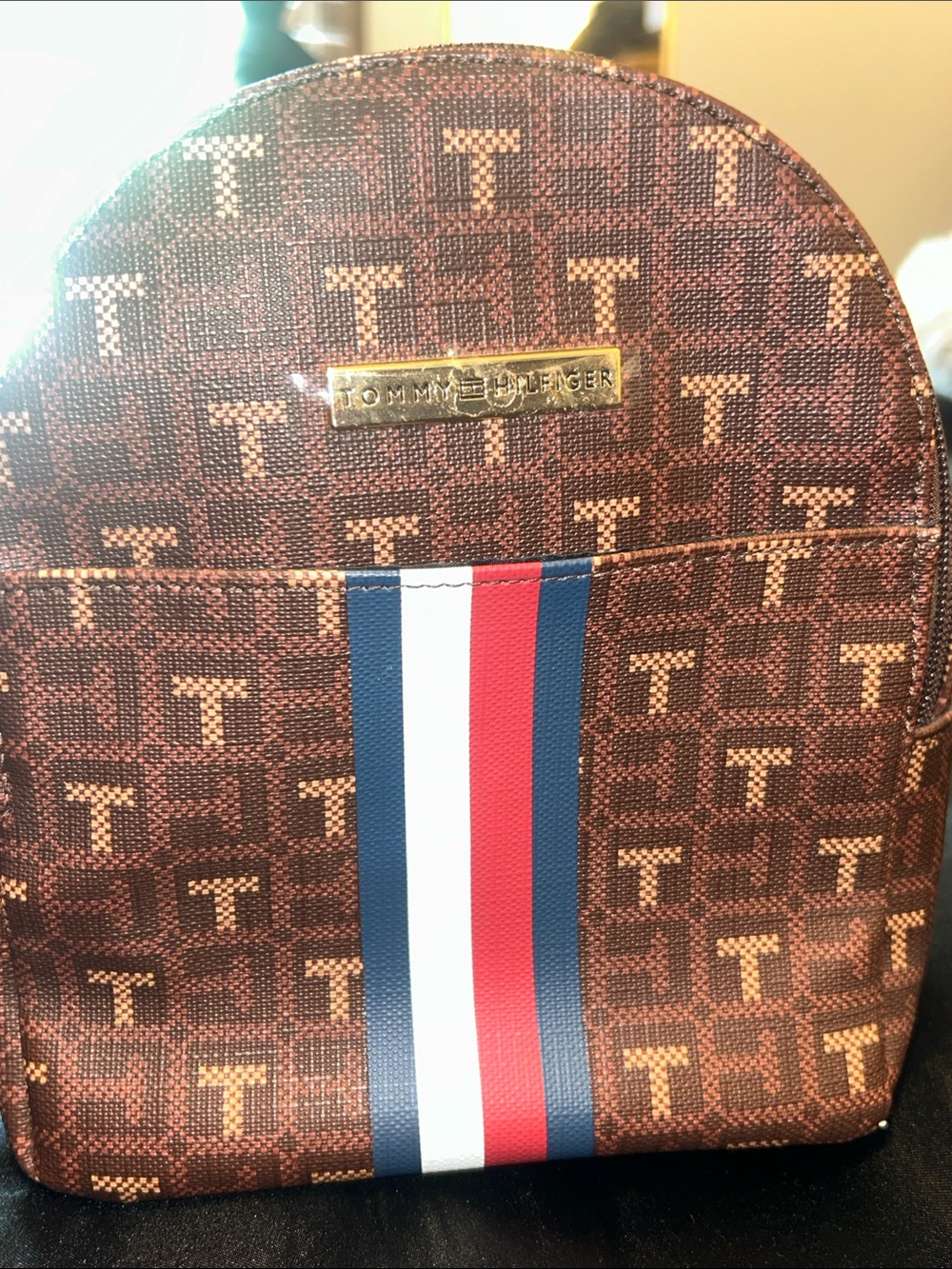 Tommy Hilfiger Brown Monogram Mini Backpack with Tricolor Stripe
